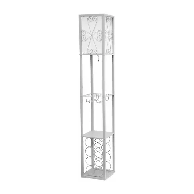 Simple Designs Floor Lamp Etagere Organizer Storage Shelf and Wine Rack with Linen Shade