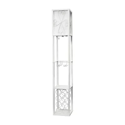 Simple Designs Floor Lamp Etagere Organizer Storage Shelf and Wine Rack with Linen Shade