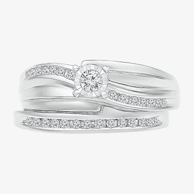Womens 1/5 CT. Natural White Diamond Sterling Silver Round Side Stone Bridal Set