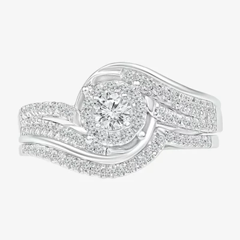 Womens 1/2 CT. T.W. Natural White Diamond Sterling Silver Round Halo Bypass Bridal Set