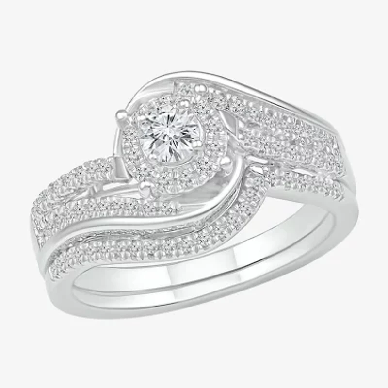 Womens 1/2 CT. T.W. Natural White Diamond Sterling Silver Round Halo Bypass  Bridal Set