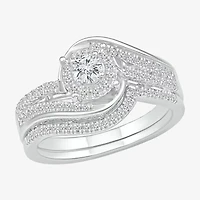 Womens 1/2 CT. T.W. Natural White Diamond Sterling Silver Round Halo Bypass  Bridal Set