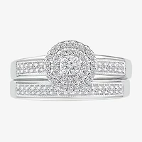 Womens 1/3 CT. T.W. Natural White Diamond Sterling Silver Round Side Stone Halo Bridal Set