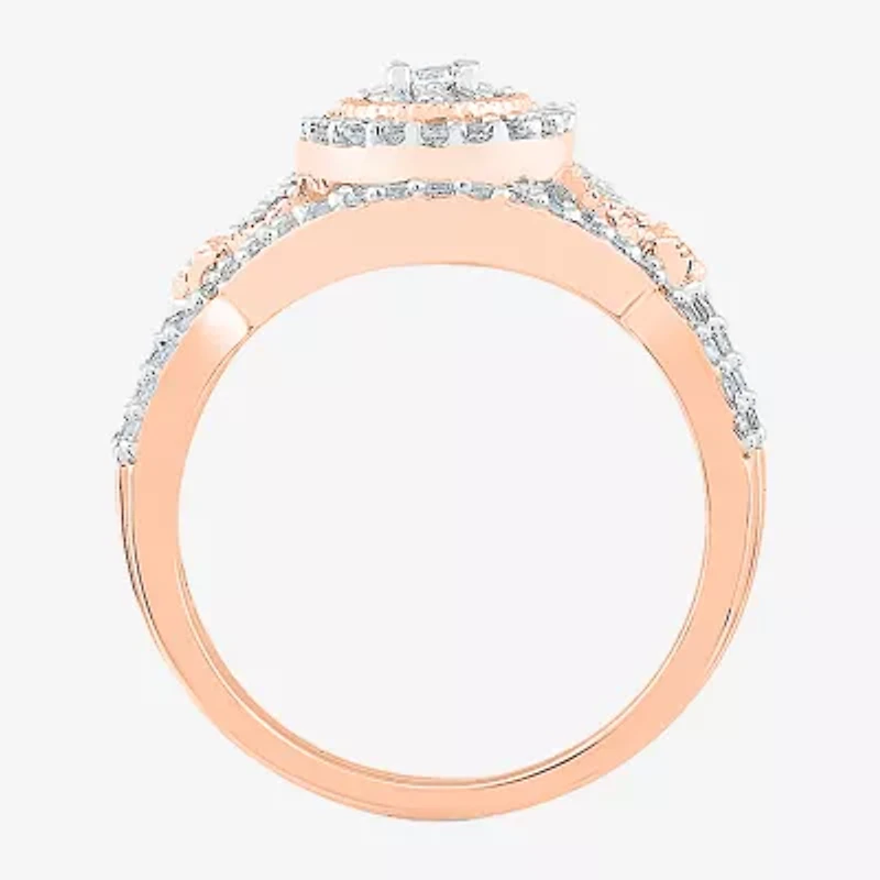 Womens 1/ CT. T.W. Natural White Diamond 10K Rose Gold Round Side Stone Halo Bridal Set