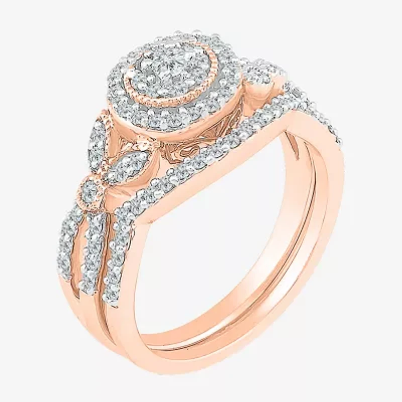 Womens 1/ CT. T.W. Natural White Diamond 10K Rose Gold Round Side Stone Halo Bridal Set