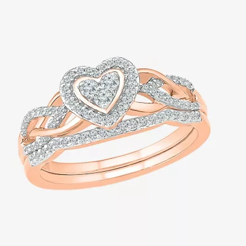 Womens 1/3 CT. T.W. Natural White Diamond 10K Rose Gold Heart Halo Bridal Set