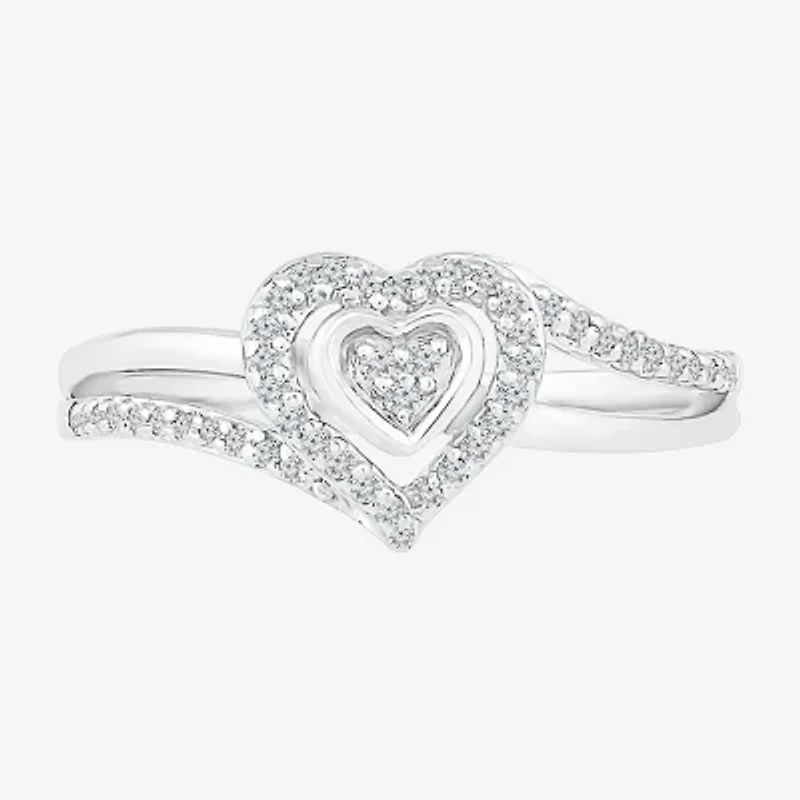 Promise My Love Womens 1/6 CT. T.W. Natural White Diamond Sterling Silver Heart Side Stone Halo Ring