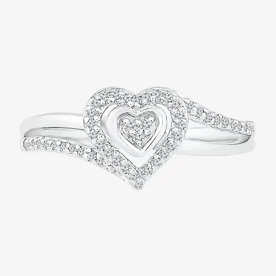 Promise My Love Womens 1/6 CT. T.W. Natural White Diamond Sterling Silver Heart Side Stone Halo Ring