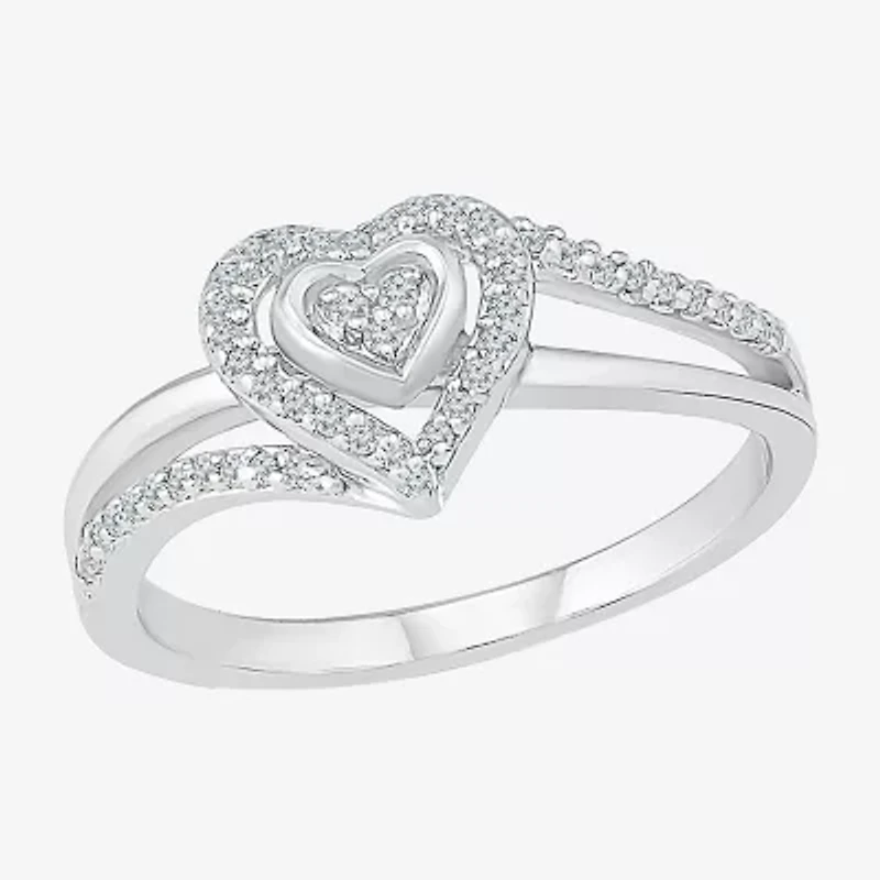 Promise My Love Womens 1/6 CT. T.W. Natural White Diamond Sterling Silver Heart Side Stone Halo Ring