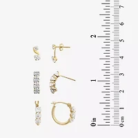 Womens 3 Pair Cubic Zirconia 14K Gold Earring Set