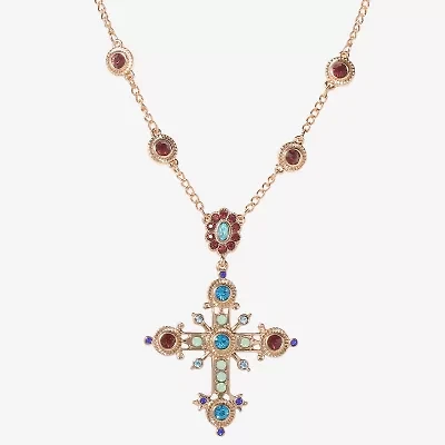 JS Jessica Simpson Gold Tone Womens Multi Color Crystal Alloy Cross 16 Inch Pendant Necklace