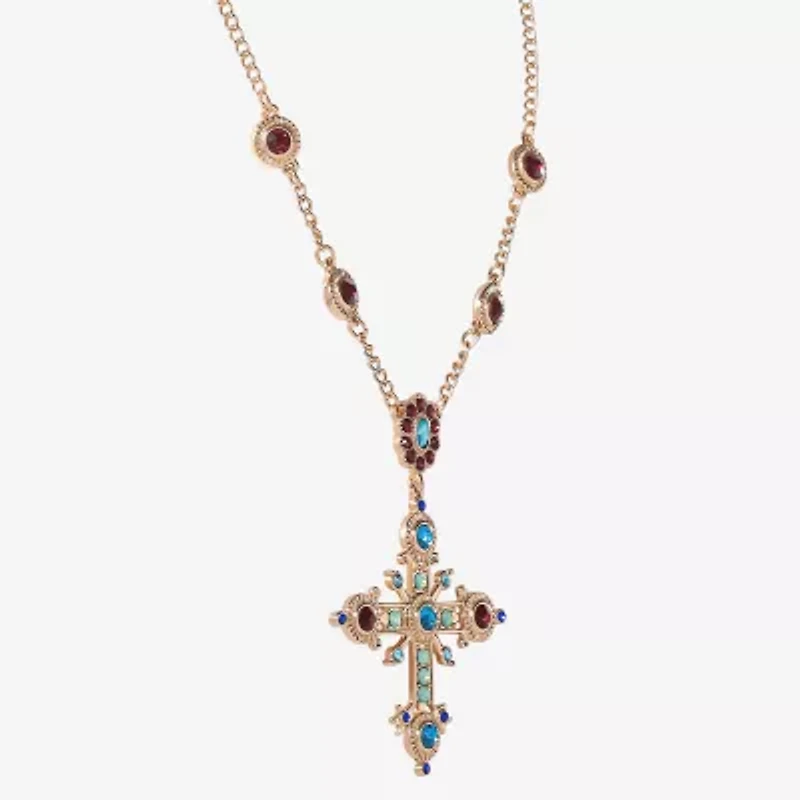 JS Jessica Simpson Gold Tone Womens Multi Color Crystal Alloy Cross 16 Inch Pendant Necklace