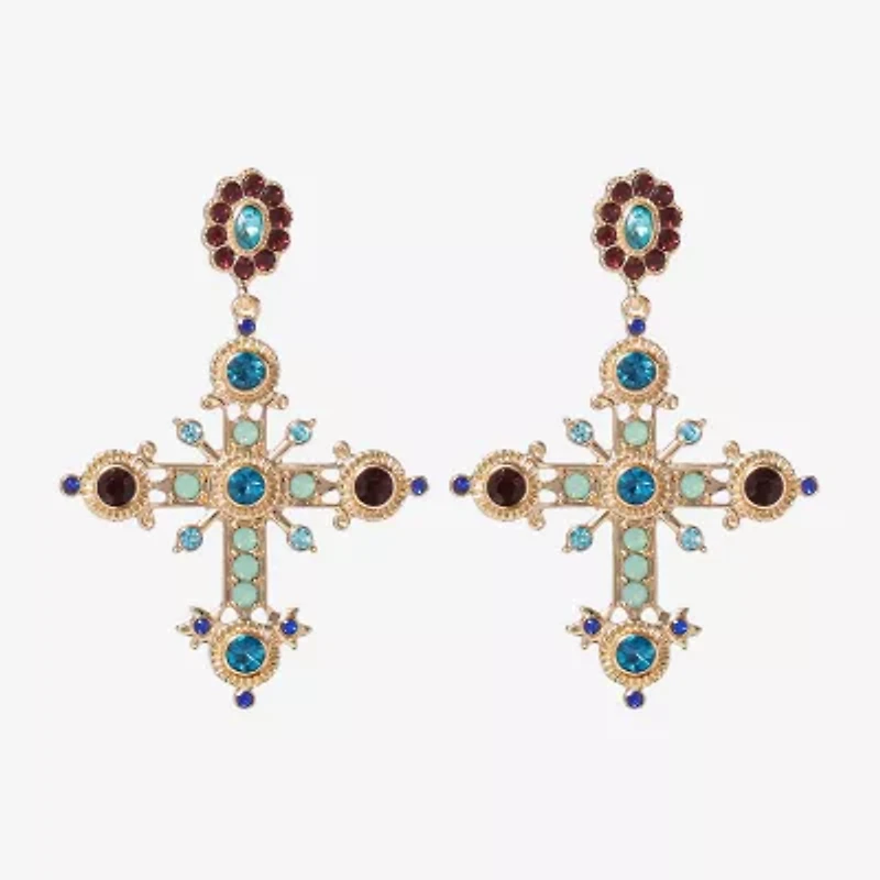 JS Jessica Simpson Gold Tone Womens Multi Color Glass Cross Drop Earrings