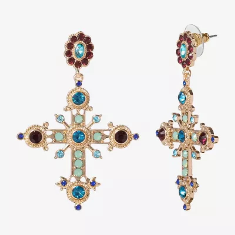 JS Jessica Simpson Gold Tone Womens Multi Color Glass Cross Drop Earrings