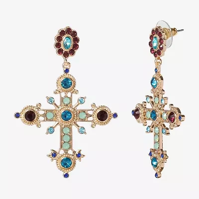 JS Jessica Simpson Gold Tone Womens Multi Color Glass Cross Drop Earrings
