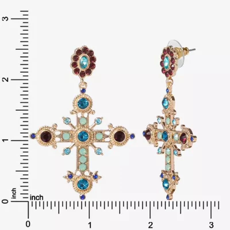 JS Jessica Simpson Gold Tone Womens Multi Color Glass Cross Drop Earrings