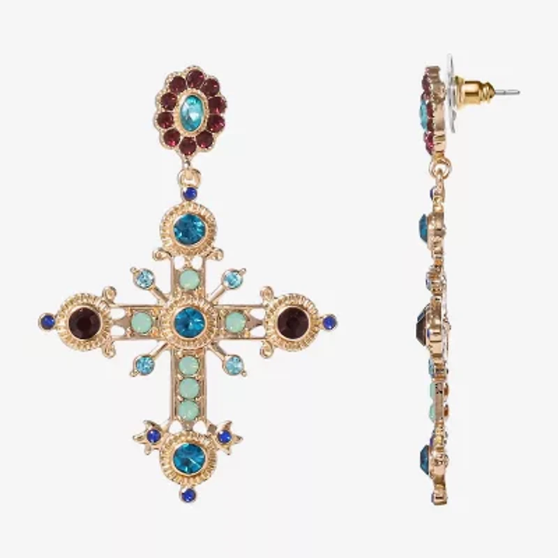 JS Jessica Simpson Gold Tone Womens Multi Color Glass Cross Drop Earrings