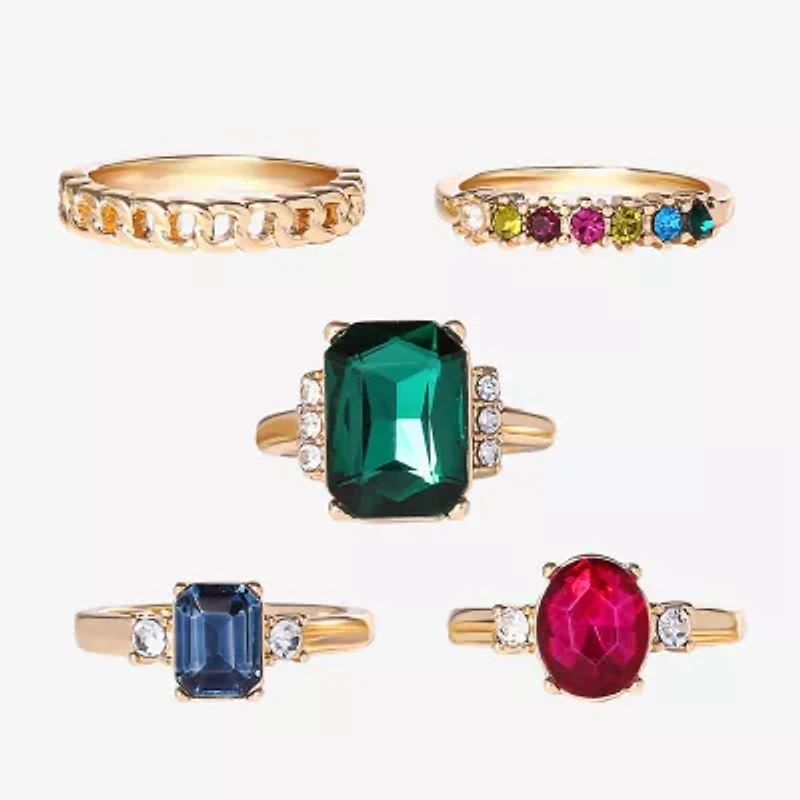 JS Jessica Simpson Gold Tone Womens Multi Color Glass Ring Set