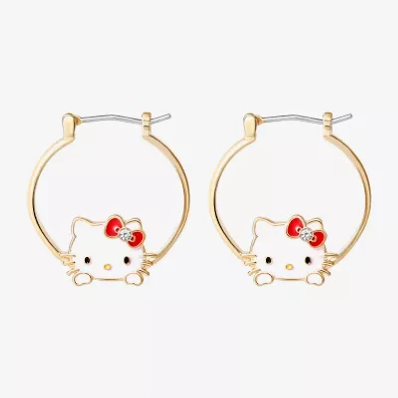 Womens Crystal 18K Gold Over Brass 25.4mm Bow Hello Kitty Hoop Earrings
