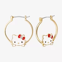 Womens Crystal 18K Gold Over Brass 25.4mm Bow Hello Kitty Hoop Earrings