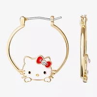 Womens Crystal 18K Gold Over Brass 25.4mm Bow Hello Kitty Hoop Earrings