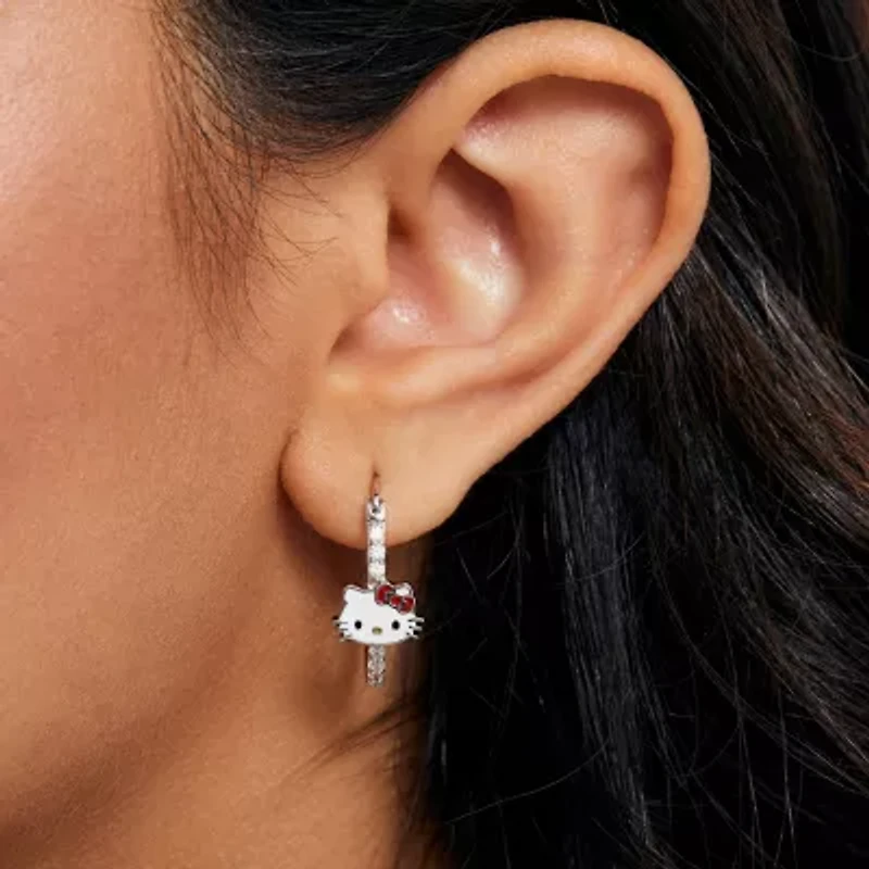 Womens Cubic Zirconia 23.7mm Hello Kitty Hoop Earrings