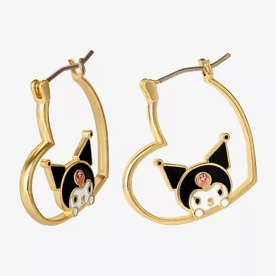 Womens Crystal 18K Gold Over Brass 26mm Heart Hello Kitty Kuromi Hoop Earrings