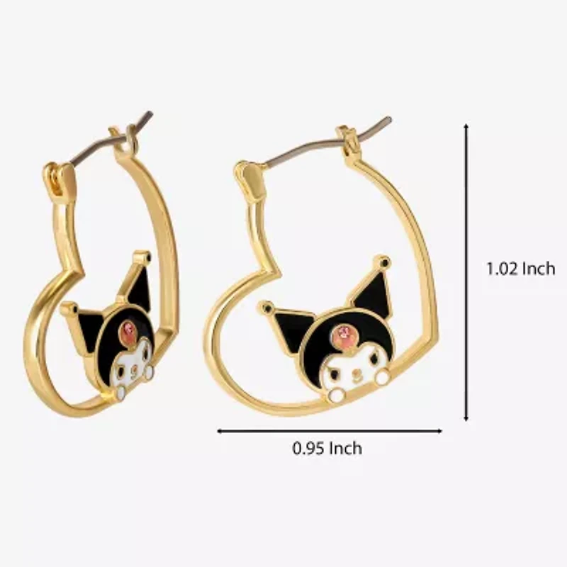 Womens Crystal 18K Gold Over Brass 26mm Heart Hello Kitty Kuromi Hoop Earrings