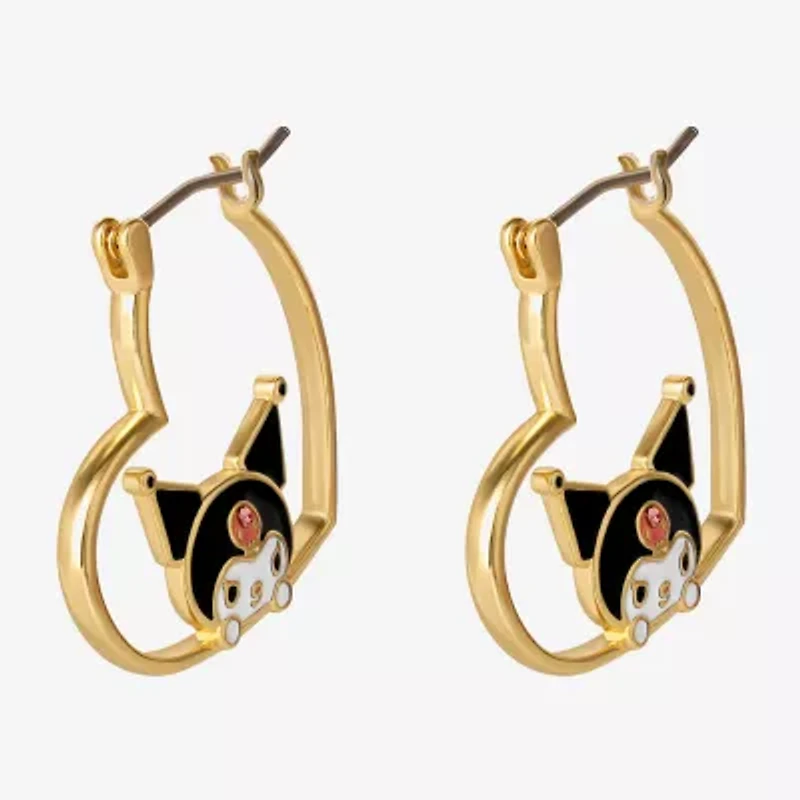 Womens Crystal 18K Gold Over Brass 26mm Heart Hello Kitty Kuromi Hoop Earrings