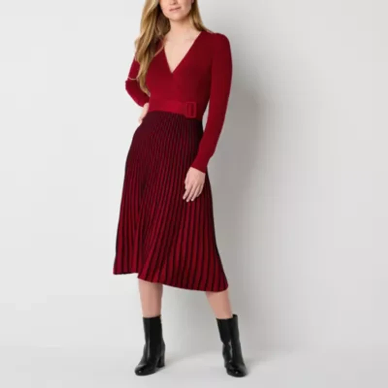 Robbie Bee Womens Petite Long Sleeve Belted Striped Midi Sweater Dress