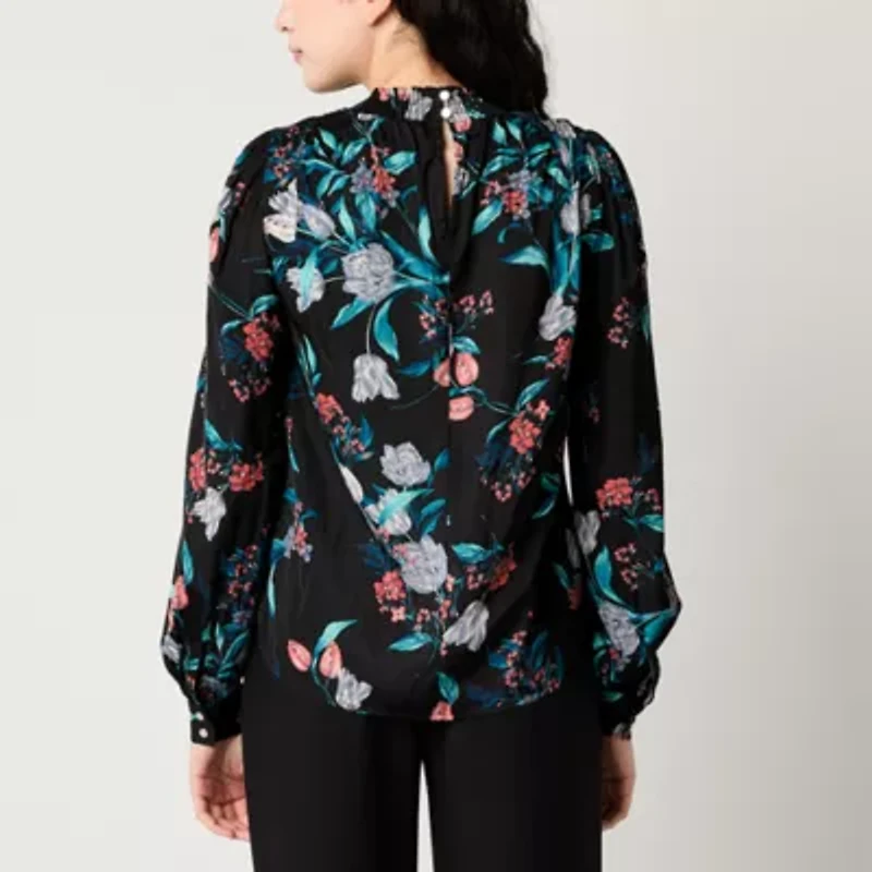 Tinseltown Womens Mock Neck Long Sleeve Satin Blouse