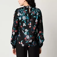 Tinseltown Womens Mock Neck Long Sleeve Satin Blouse