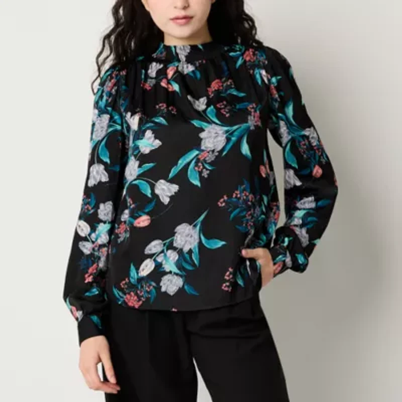 Tinseltown Womens Mock Neck Long Sleeve Satin Blouse