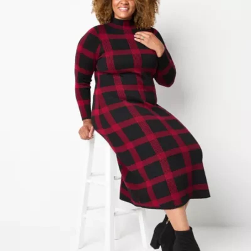 Danny & Nicole Womens Long Sleeve Windowpane Midi Sweater Dress Plus