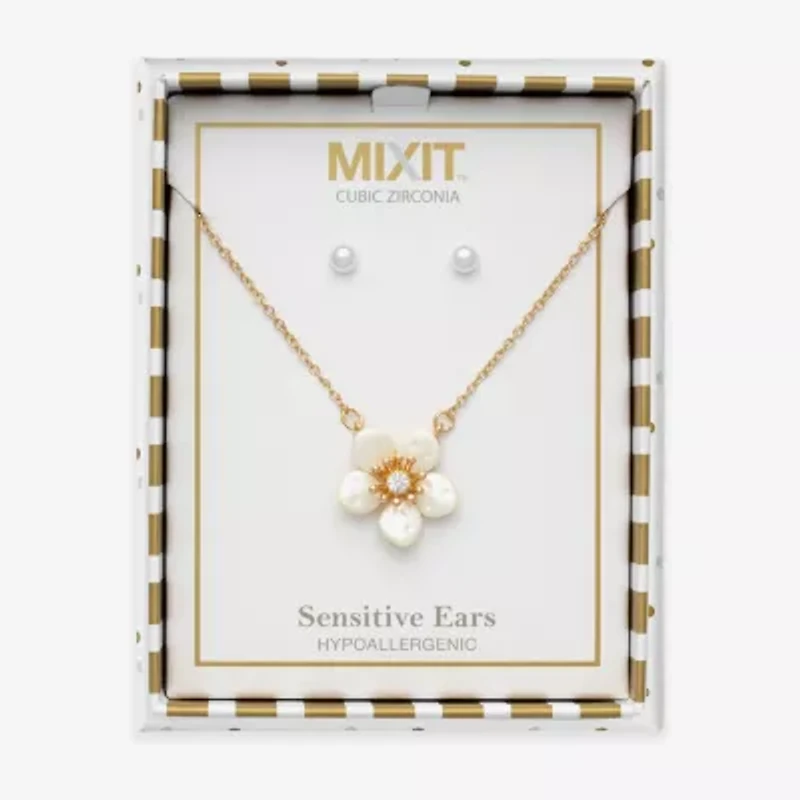Mixit Womens Cubic Zirconia Simulated Pearl Flower Hypoallergenic 2-pc. Jewelry Set