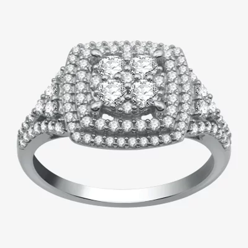 Diamond Blossom Womens 1 CT. T.W. Natural 10K White Gold Halo Cocktail Ring