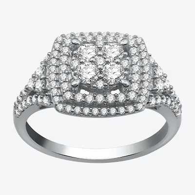Diamond Blossom Womens 1 CT. T.W. Natural 10K White Gold Halo Cocktail Ring