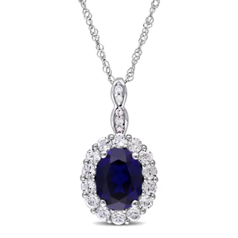 Womens Diamond Accent Lab Created Blue Sapphire 14K White Gold Oval 17 Inch Pendant Necklace