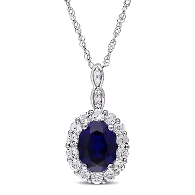 Womens Diamond Accent Lab Created Blue Sapphire 14K White Gold Oval 17 Inch Pendant Necklace