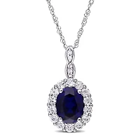 Womens Diamond Accent Lab Created Blue Sapphire 14K White Gold Oval 17 Inch Pendant Necklace