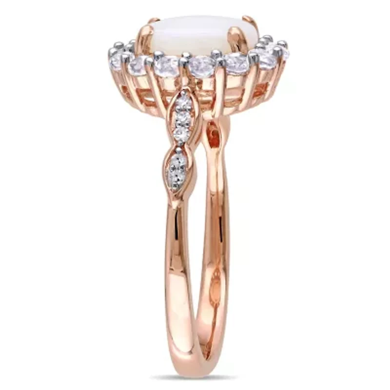 Womens Diamond Accent Genuine White Opal 14K Gold Cocktail Ring