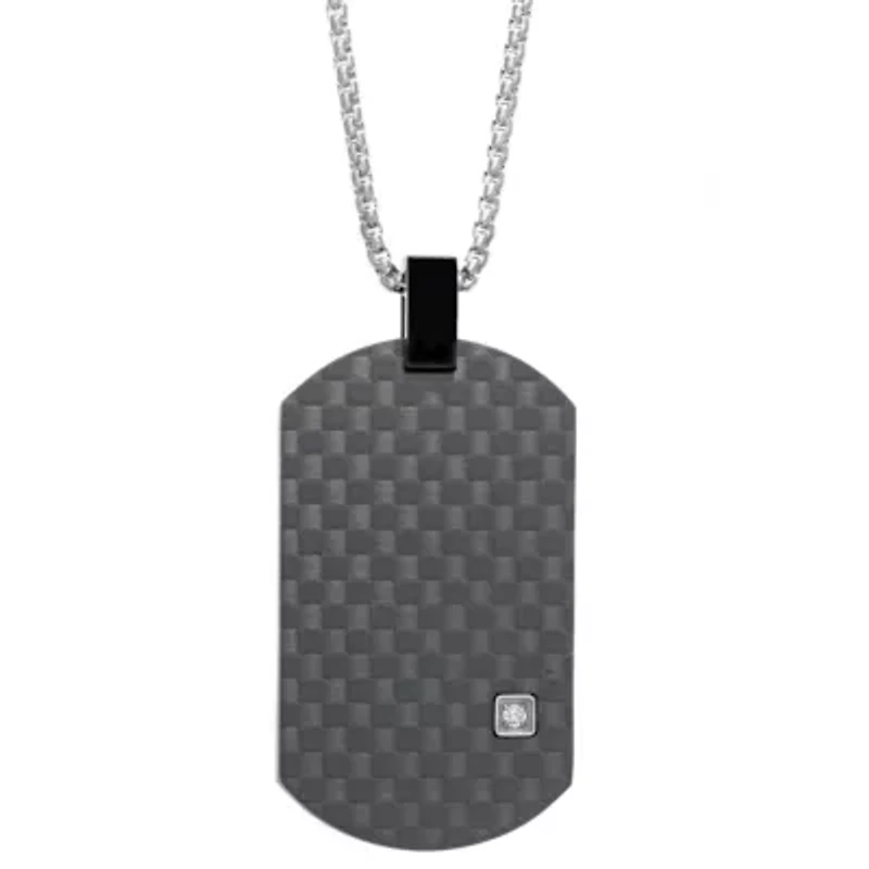 Mens White Cubic Zirconia Stainless Steel Dog Tag 24 Inch Pendant Necklace