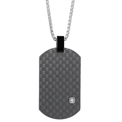 Mens White Cubic Zirconia Stainless Steel Dog Tag 24 Inch Pendant Necklace
