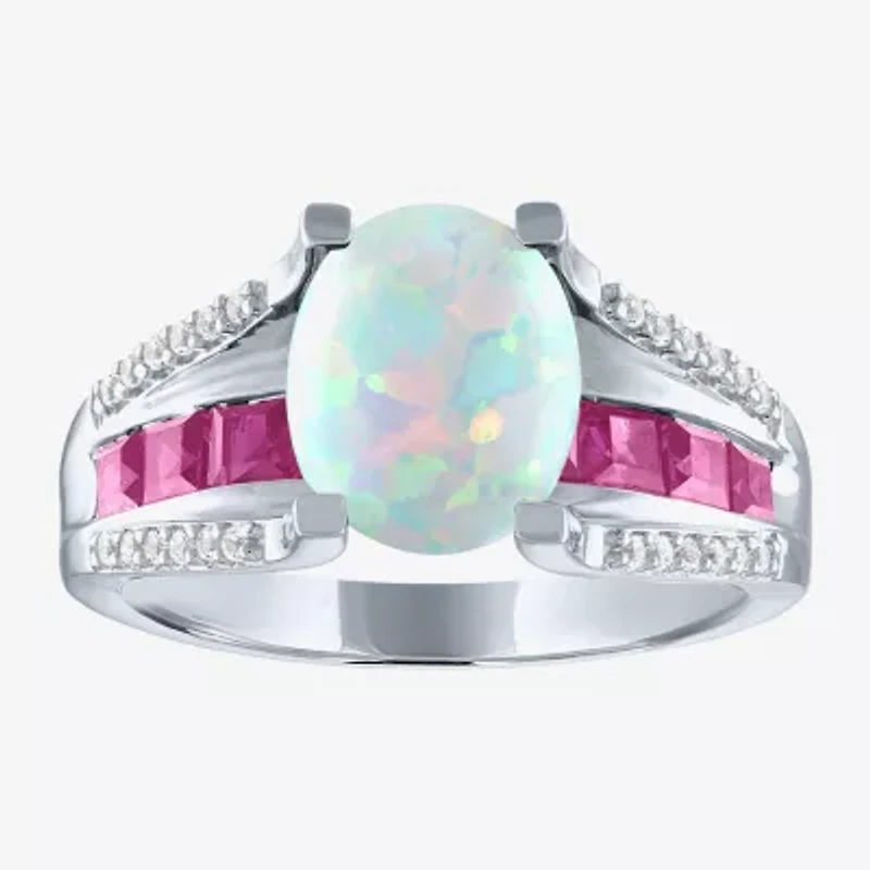 Womens Lab Created White Opal Sterling Silver Cocktail Ring