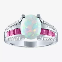 Womens Lab Created White Opal Sterling Silver Cocktail Ring