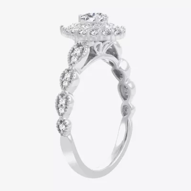 Signature By Modern Bride Womens 1/2 CT.T.W. Natural Diamond 10K or 14K White Gold Pear Side Stone Halo Engagement Ring