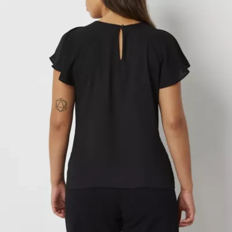 Worthington Womens Round Neck Short Sleeve Petite Blouse