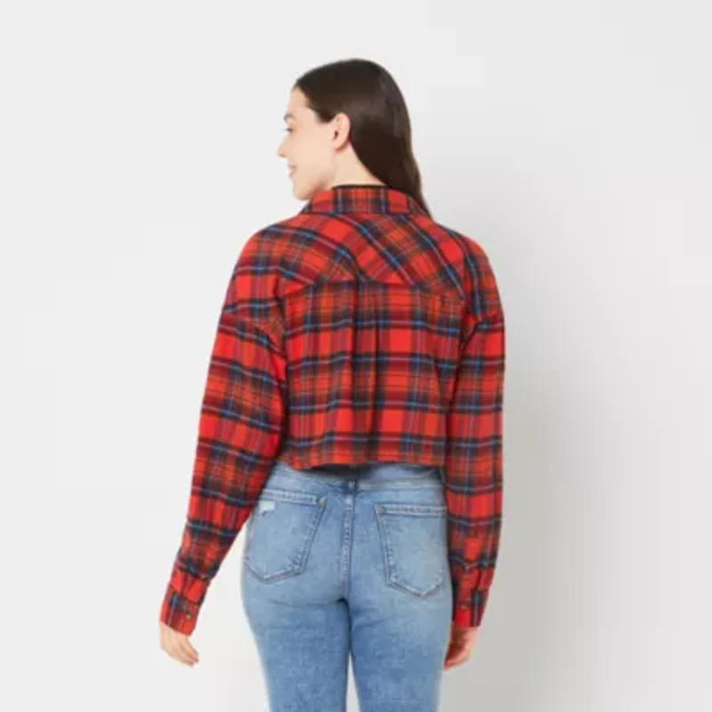 Arizona Juniors Womens Long Sleeve Boxy Fit Button-Down Shirt