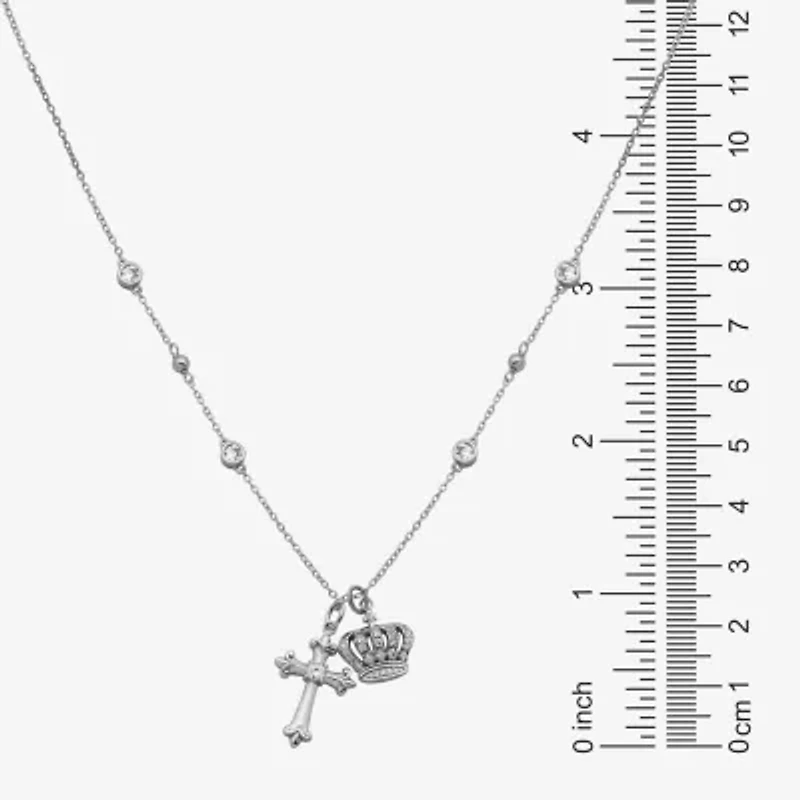 Diamonart Womens White Cubic Zirconia Sterling Silver Cross Crown 16 1/2 Inch Pendant Necklace