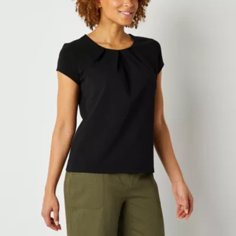 Liz Claiborne Texture Tee Womens Round Neck Short Sleeve Tall Blouse